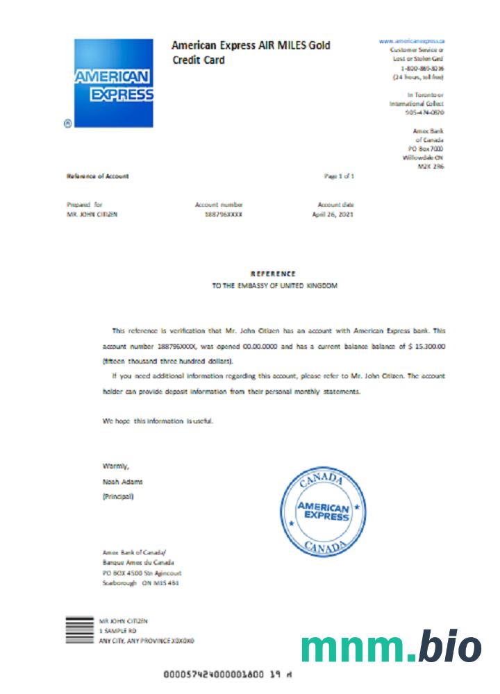 Kanada American Express Air Miles złota karta kredytowa przykład odniesienia w formacie Word i PDF